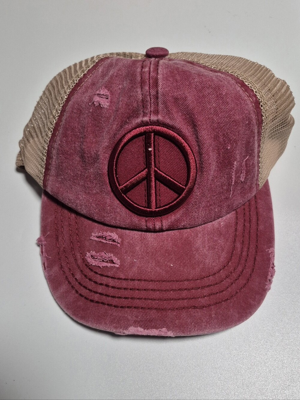 C.C Women's Distressed Peace Sign Crisscross Baseball Hat - Maroon